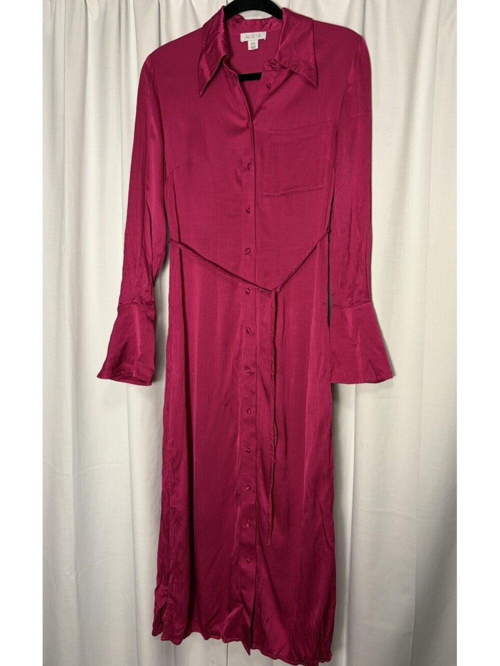 Aligne Textured Pink Satin Collared Button Down Shirt Midi Dress Size 2 $128